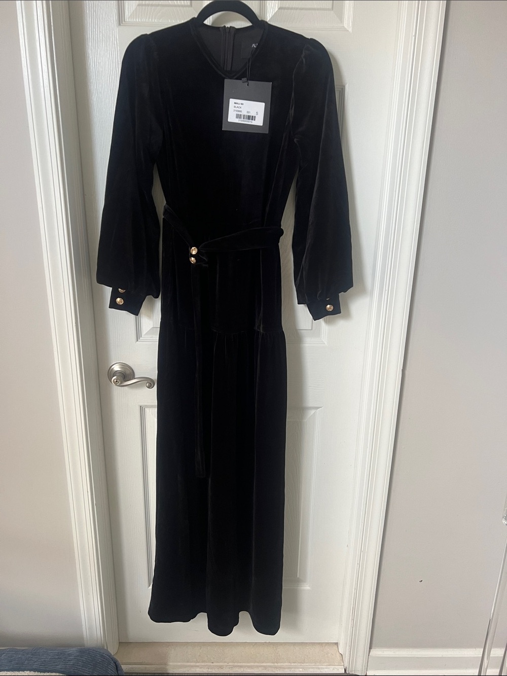 NWT | Aleeza Paris Elegant Black Velvet Maxi Dress with Gold Buttons, Size S